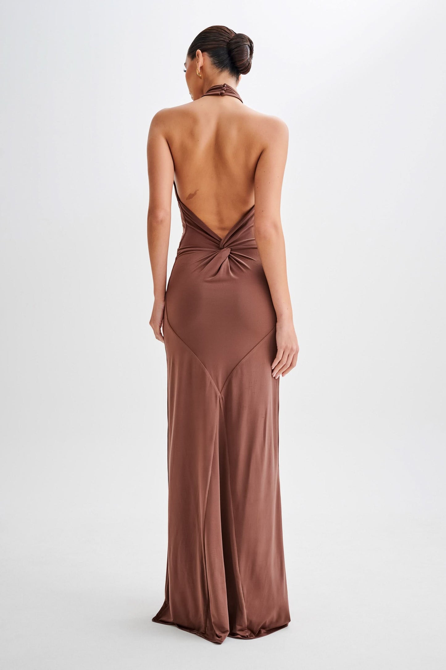 Brown halter maxi dress full length front view