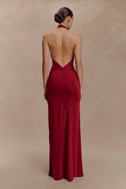 Red halter maxi dress back view with twisted detail