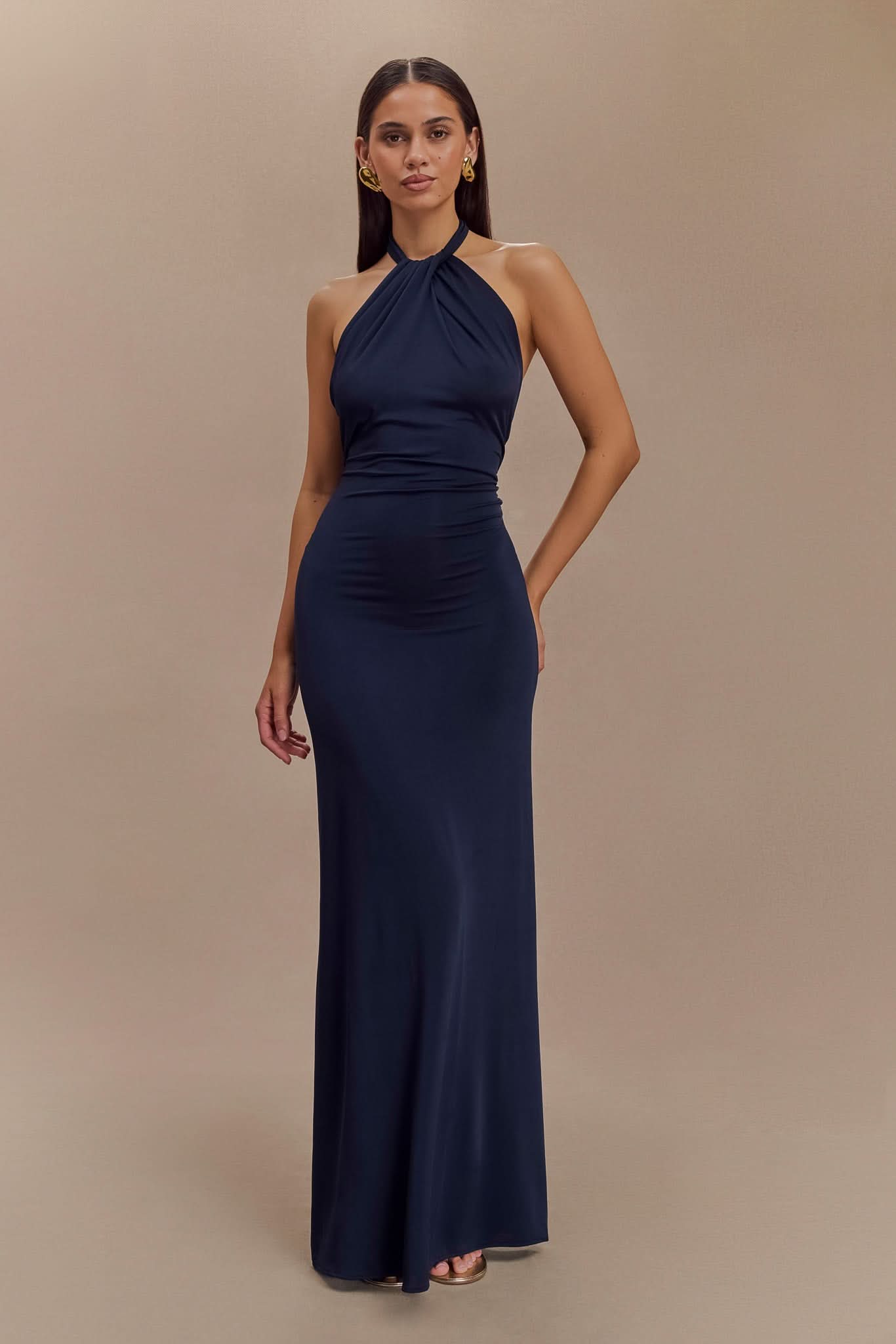 Navy halter maxi dress with ruched waist detail