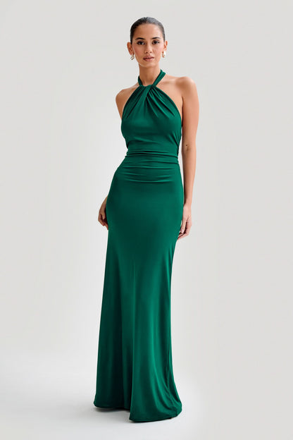 Emerald green halter maxi dress with cinched waist