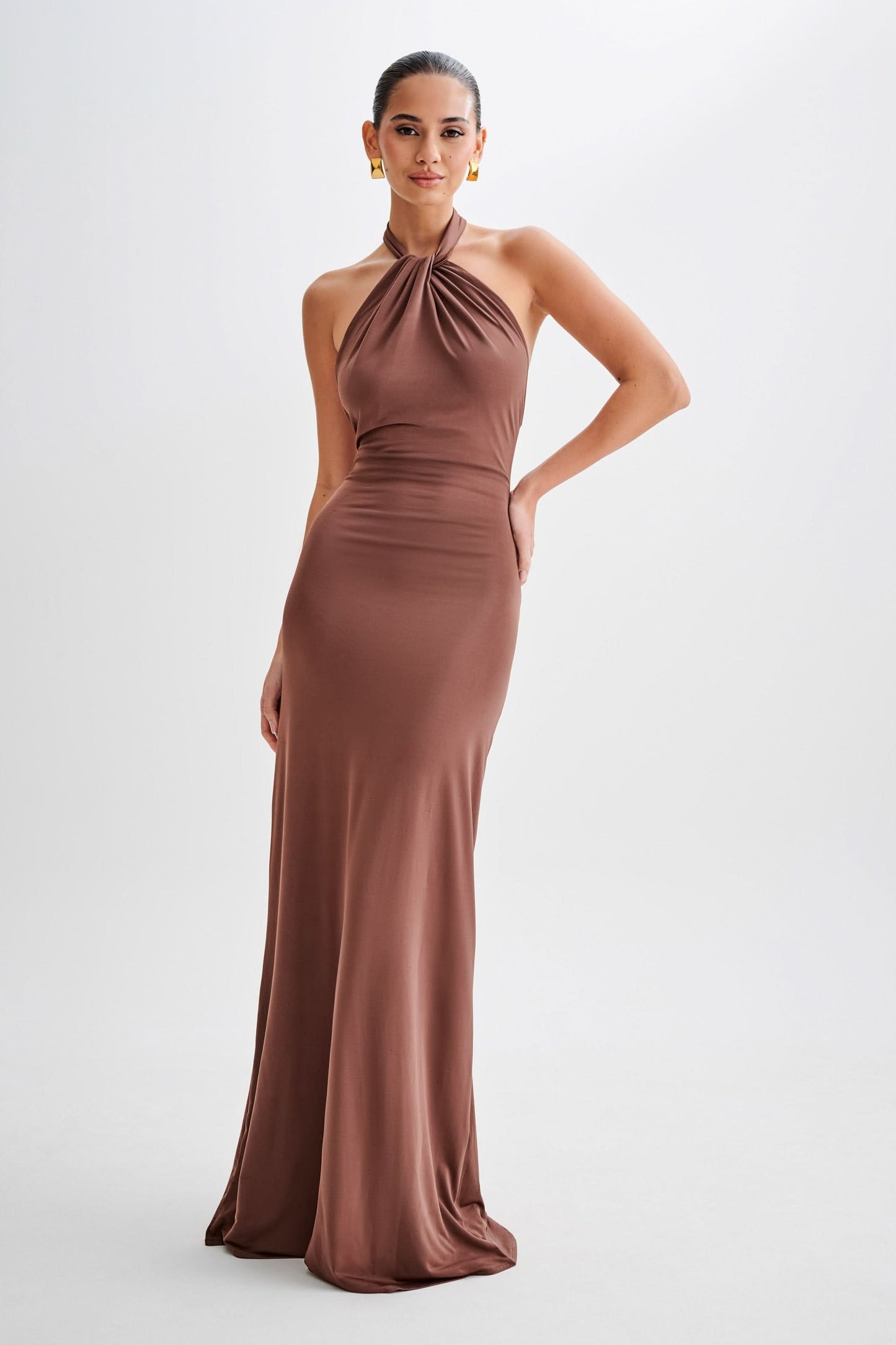 Mauve halter maxi dress with twisted neckline and ruched waist detail