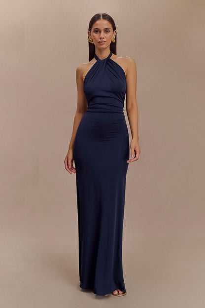Navy blue halter maxi dress front view with gathered neckline