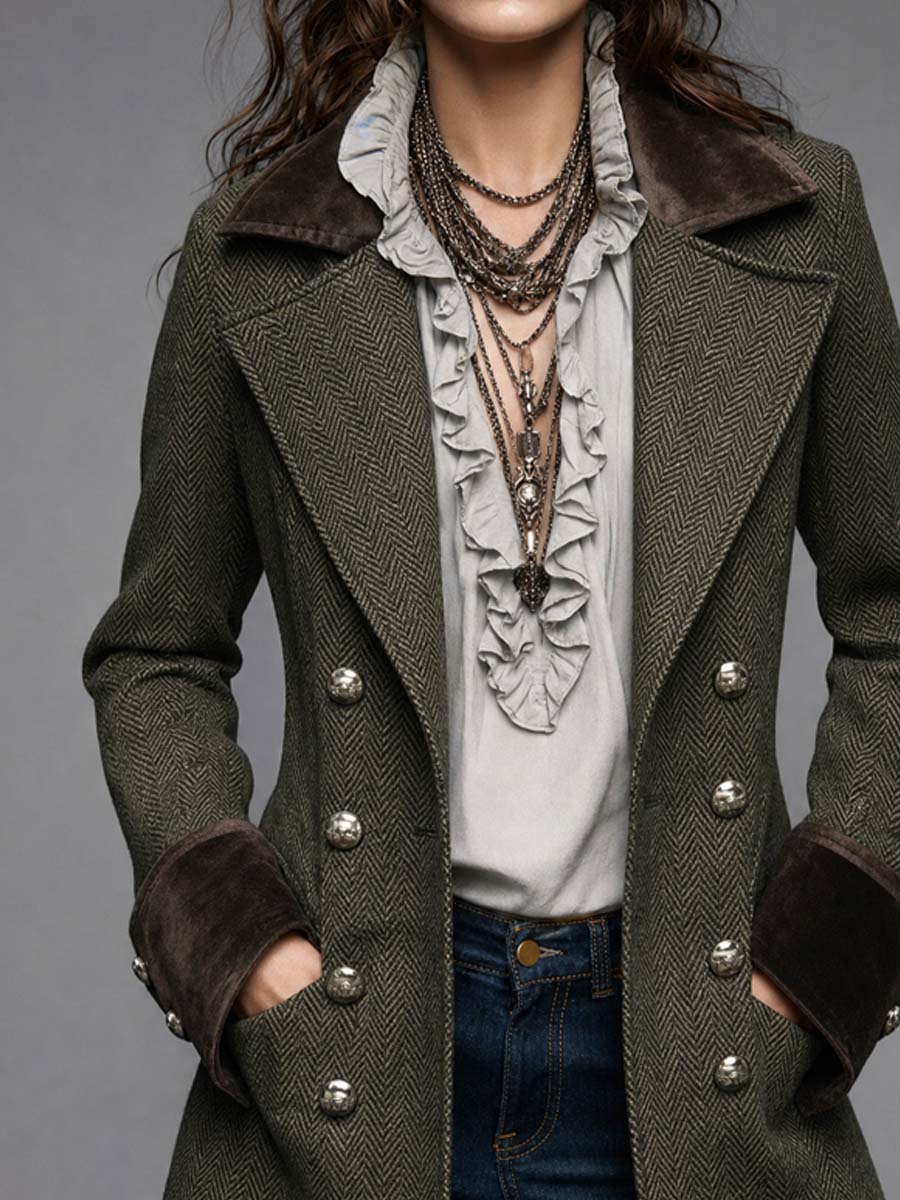 EMBERLY | HERRINGBONE MILITARY COAT - Olive