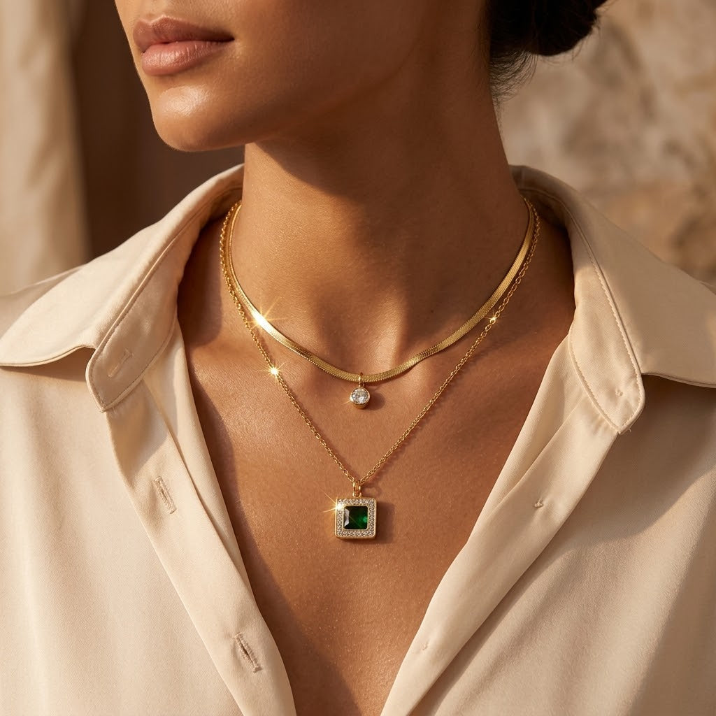 EMBERLYNN | LAYERED GREEN STONE NECKLACE - Gold