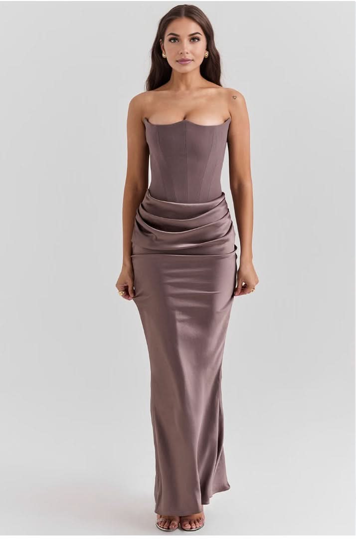 Mauve strapless corset maxi dress with gathered hip ruching and floor-length hem