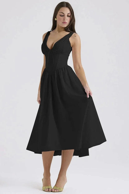 Black corset sundress midi with V-neckline and full A-line skirt