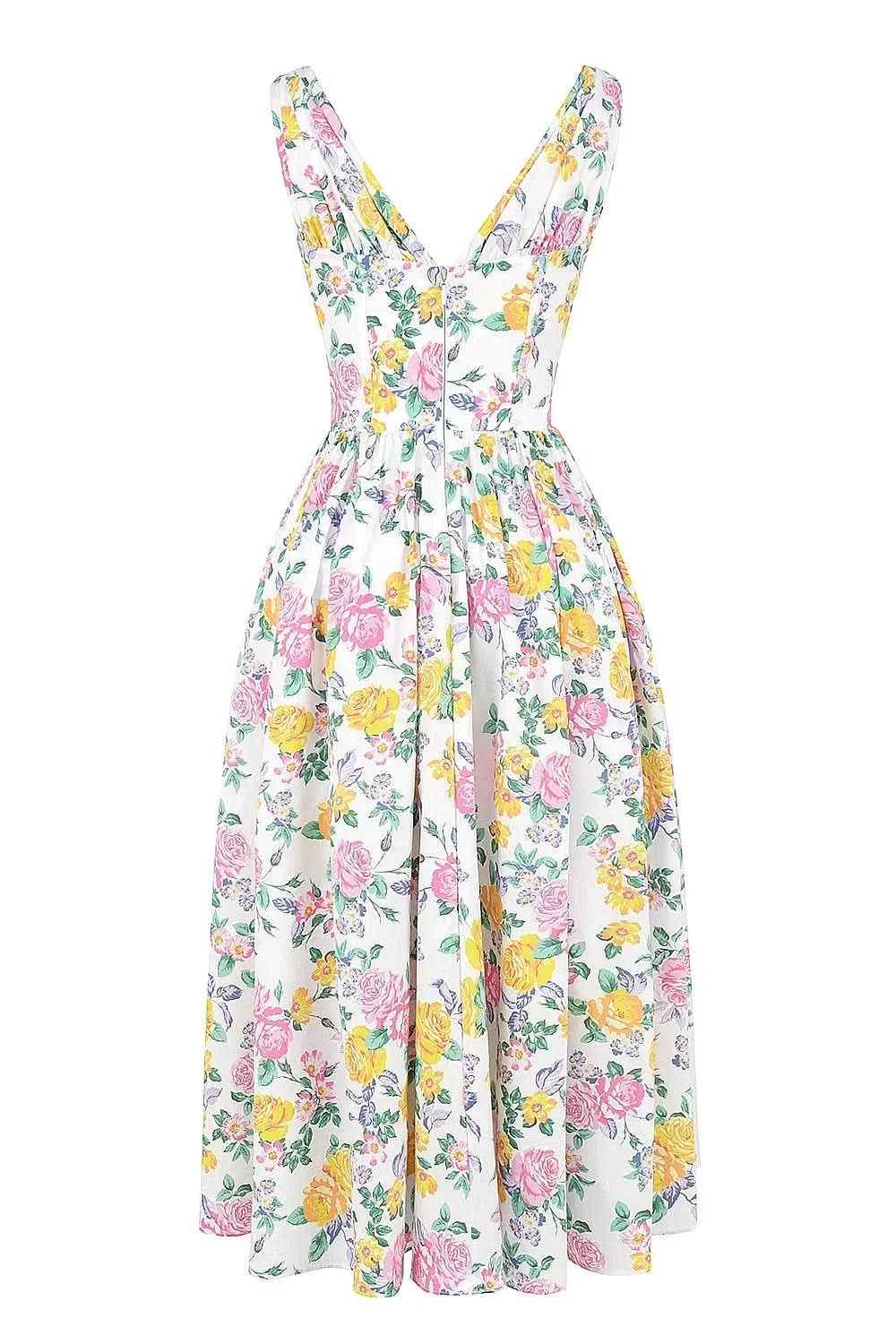 Floral corset sundress midi with pink and yellow roses on white background