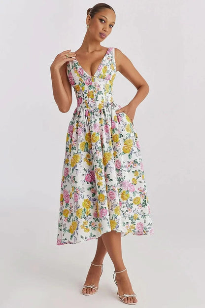 Multicolor floral corset midi dress with V-neckline and full skirt