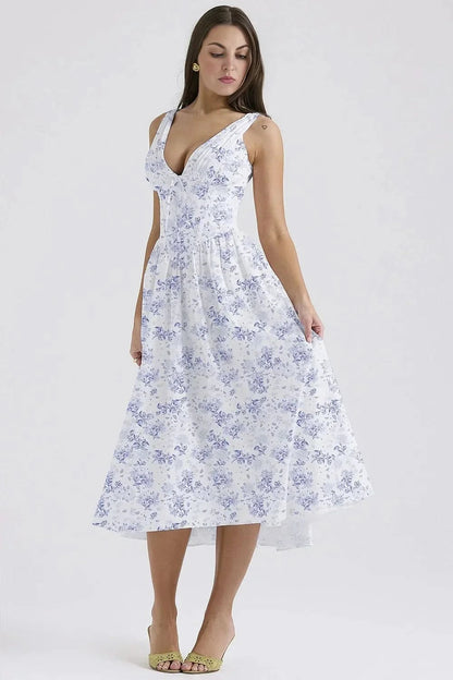 Lavender floral corset sundress midi with white base and small blooms