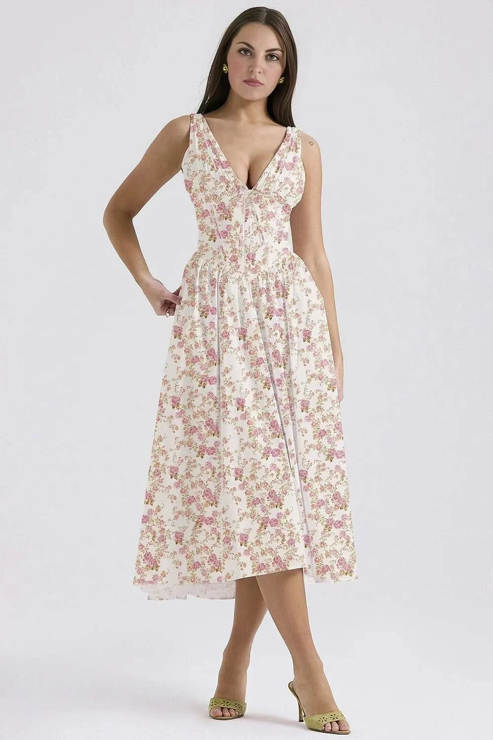 Pink floral corset midi dress with cream background and fitted bodice