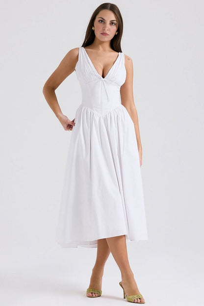 White corset sundress midi with pleated V-neckline and full skirt