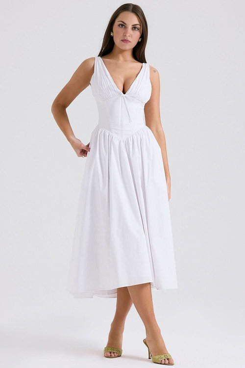 White corset sundress midi with pleated V-neckline and full skirt