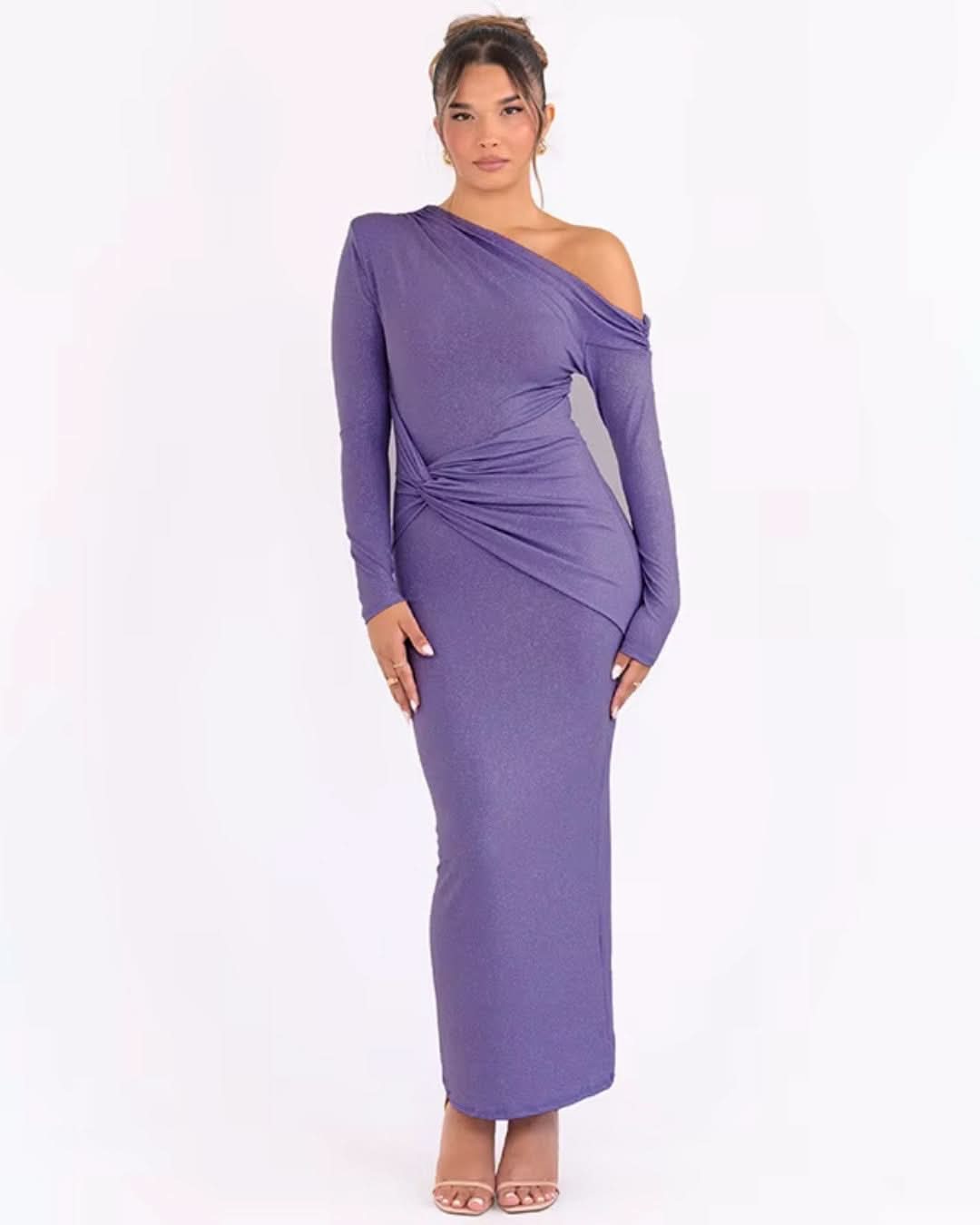 Purple one-shoulder maxi dress with long sleeves and twisted waist ruching