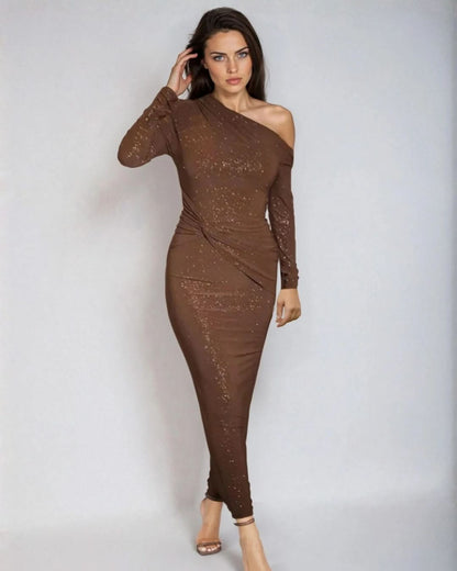 Brown sequin maxi dress with one-shoulder neckline and long fitted sleeves