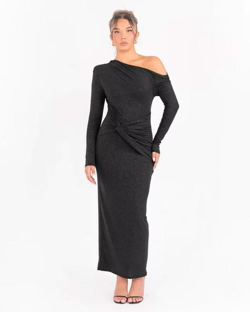 Black long-sleeve maxi dress with off-shoulder neckline and ruched waist detail