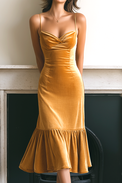 ENOLA | VELVET COWL NECK MIDI DRESS - Golden Yellow