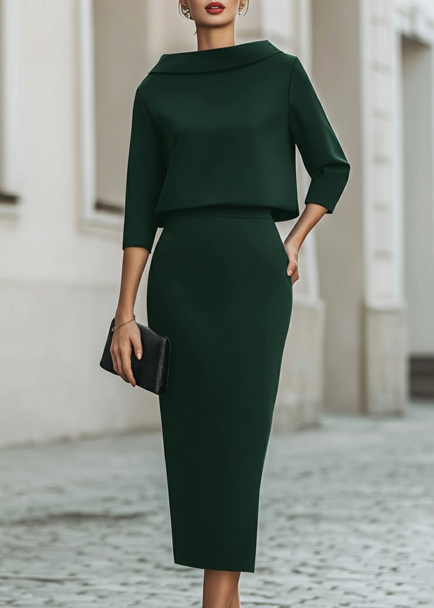 EOWYN | BOAT NECK MIDI SKIRT SET - Dark Green