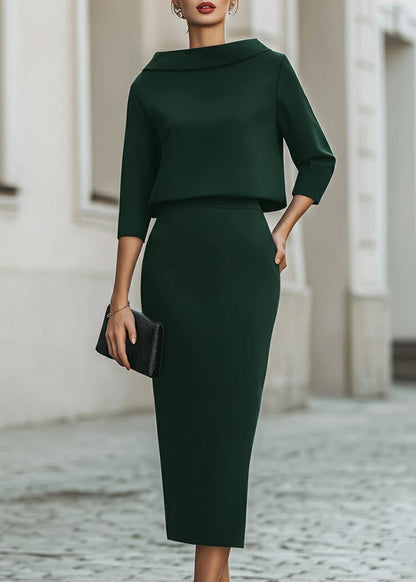 EOWYN | BOAT NECK MIDI SKIRT SET - Dark Green