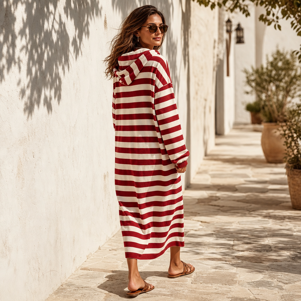 ERIKA | STRIPED HOODED MAXI DRESS - Red