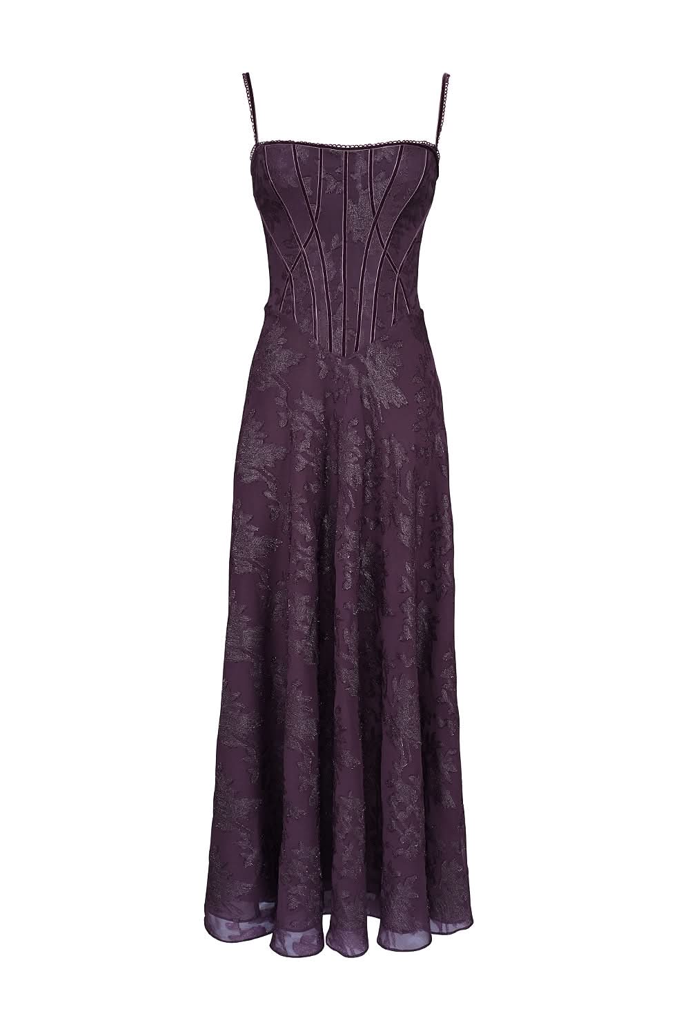 Purple chiffon maxi dress with corset bodice and spaghetti straps