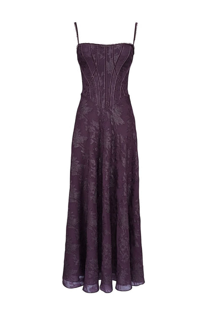 Purple chiffon maxi dress with corset bodice and spaghetti straps