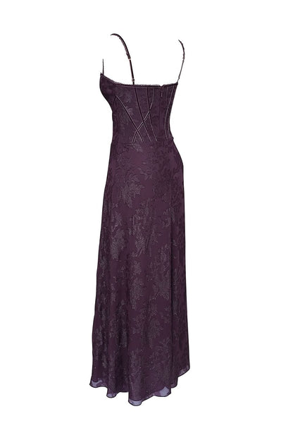 Back view of purple chiffon evening gown with structured corset top