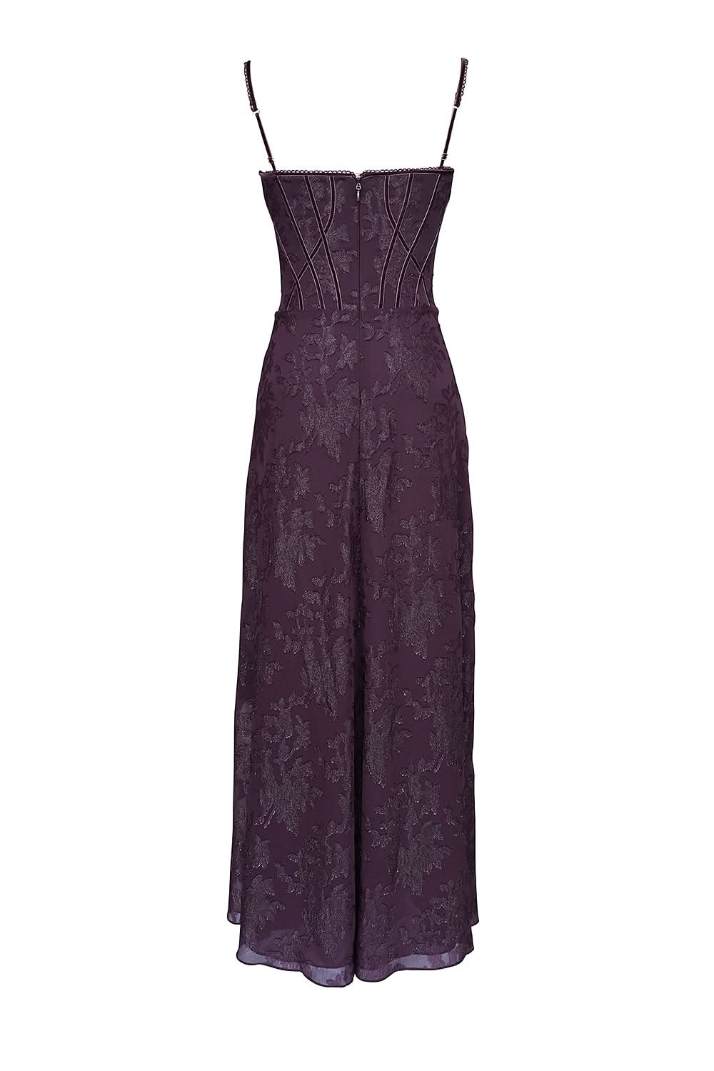 Front view of purple chiffon maxi dress with boned bodice detail