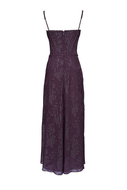 Front view of purple chiffon maxi dress with boned bodice detail
