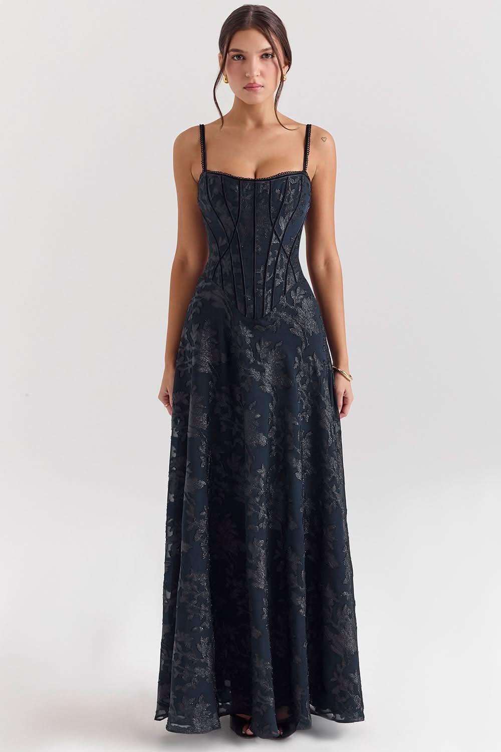 Navy chiffon maxi dress with sweetheart neckline and spaghetti straps