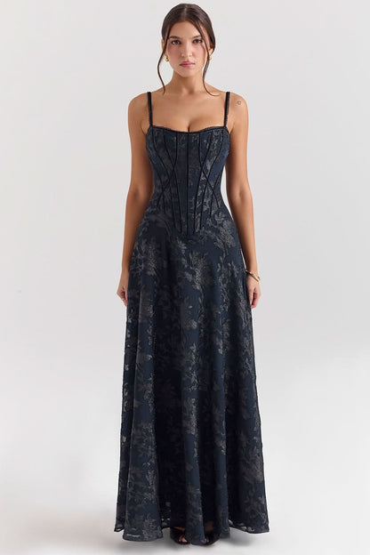 Navy chiffon maxi dress with sweetheart neckline and spaghetti straps