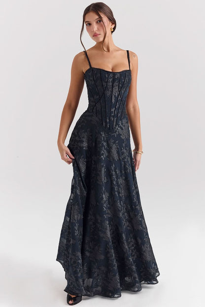 Navy chiffon evening gown with structured corset top and flowing skirt