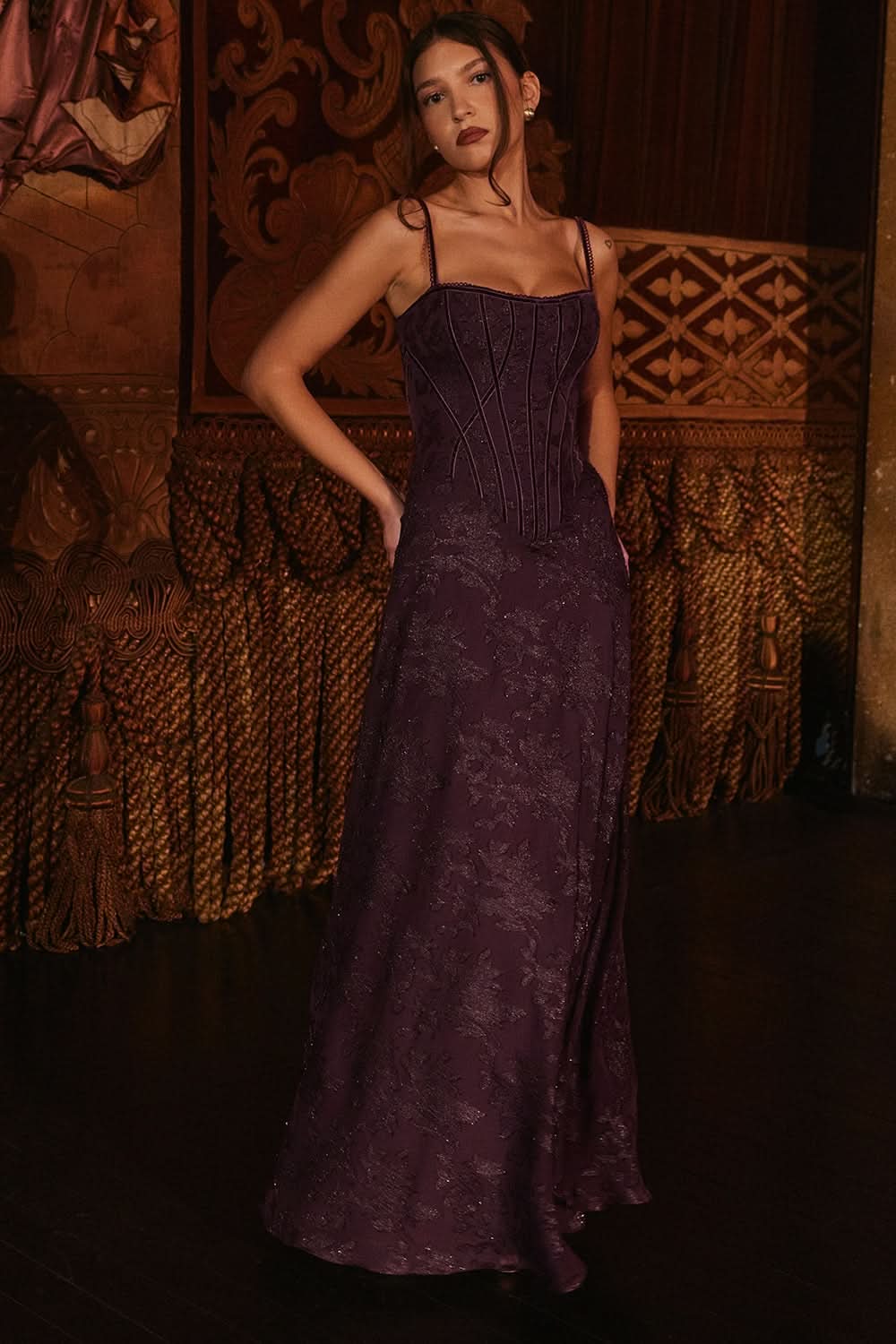 Dark purple chiffon evening gown with structured corset top