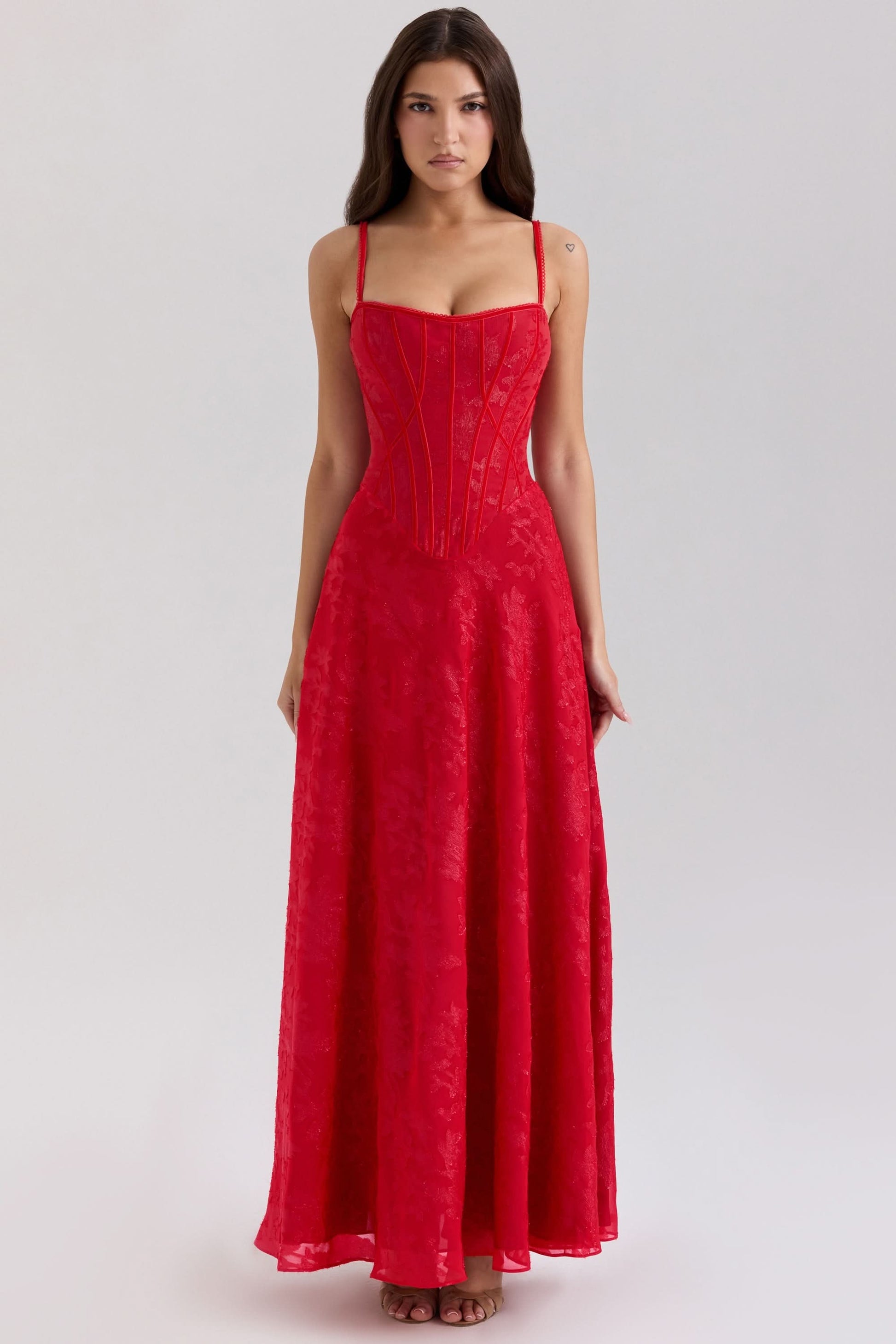 Red velvet chiffon maxi dress with square neckline and thin straps