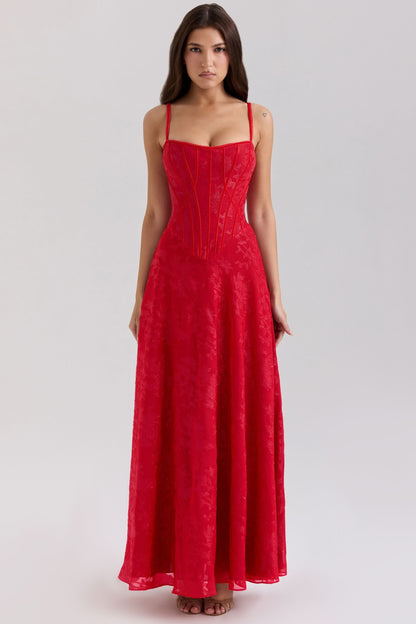 Red velvet chiffon maxi dress with square neckline and thin straps