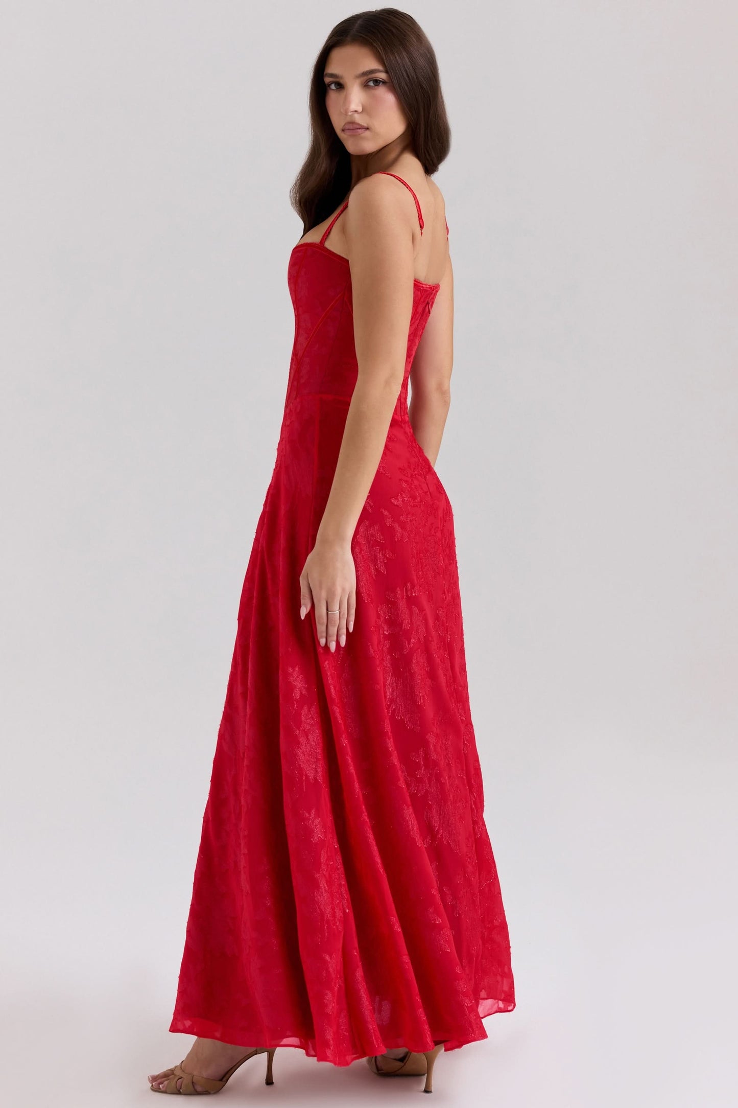 Red velvet maxi dress back view showing open back design