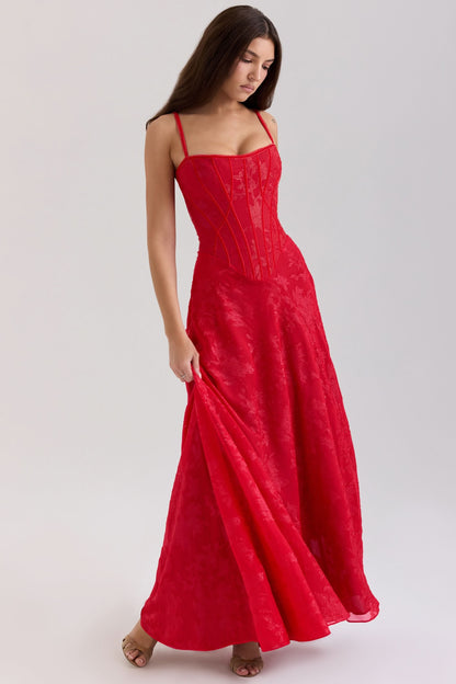 Red chiffon maxi dress with corset bodice and flowing skirt front