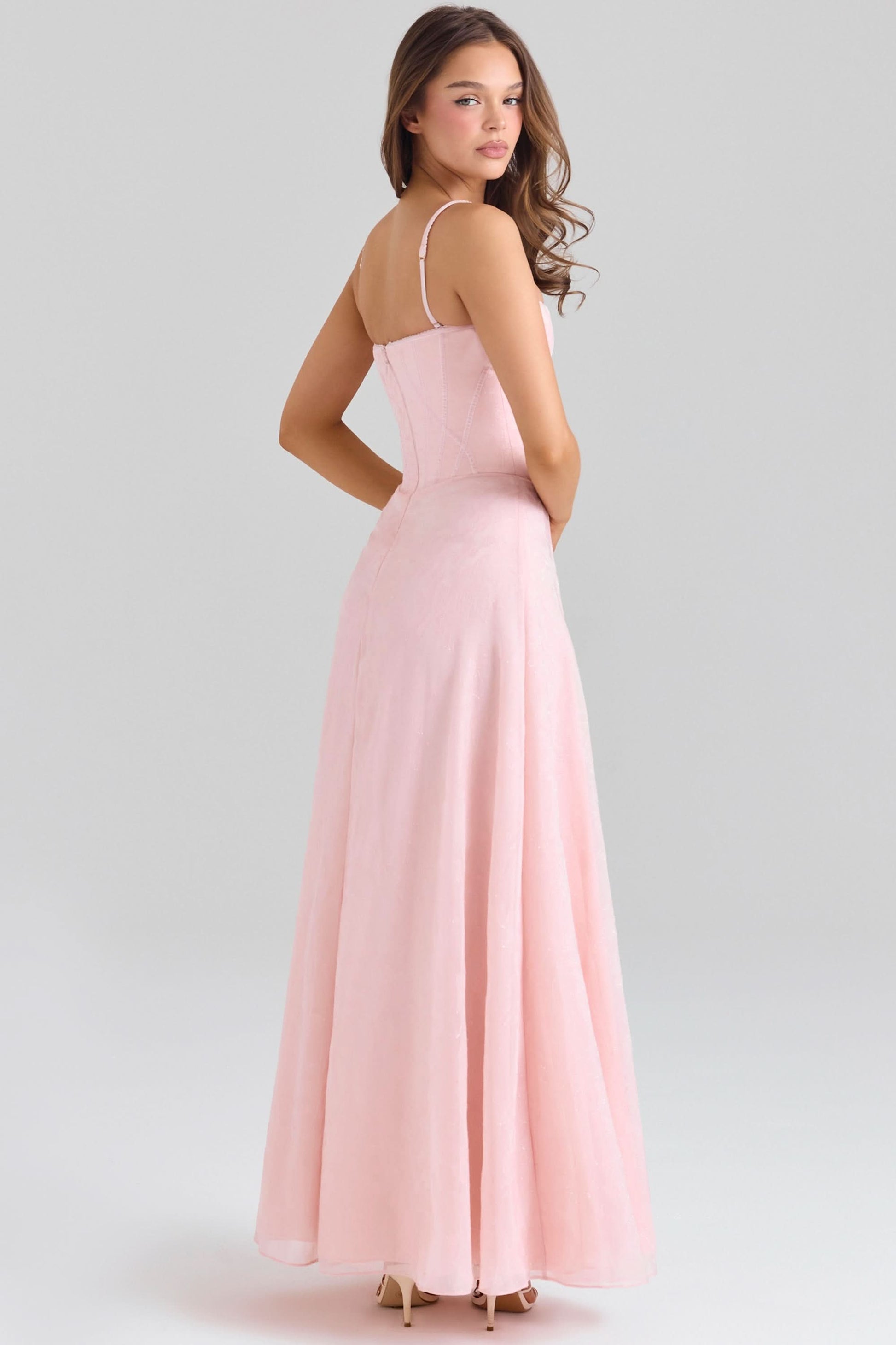 Blush pink chiffon maxi dress with spaghetti straps back view