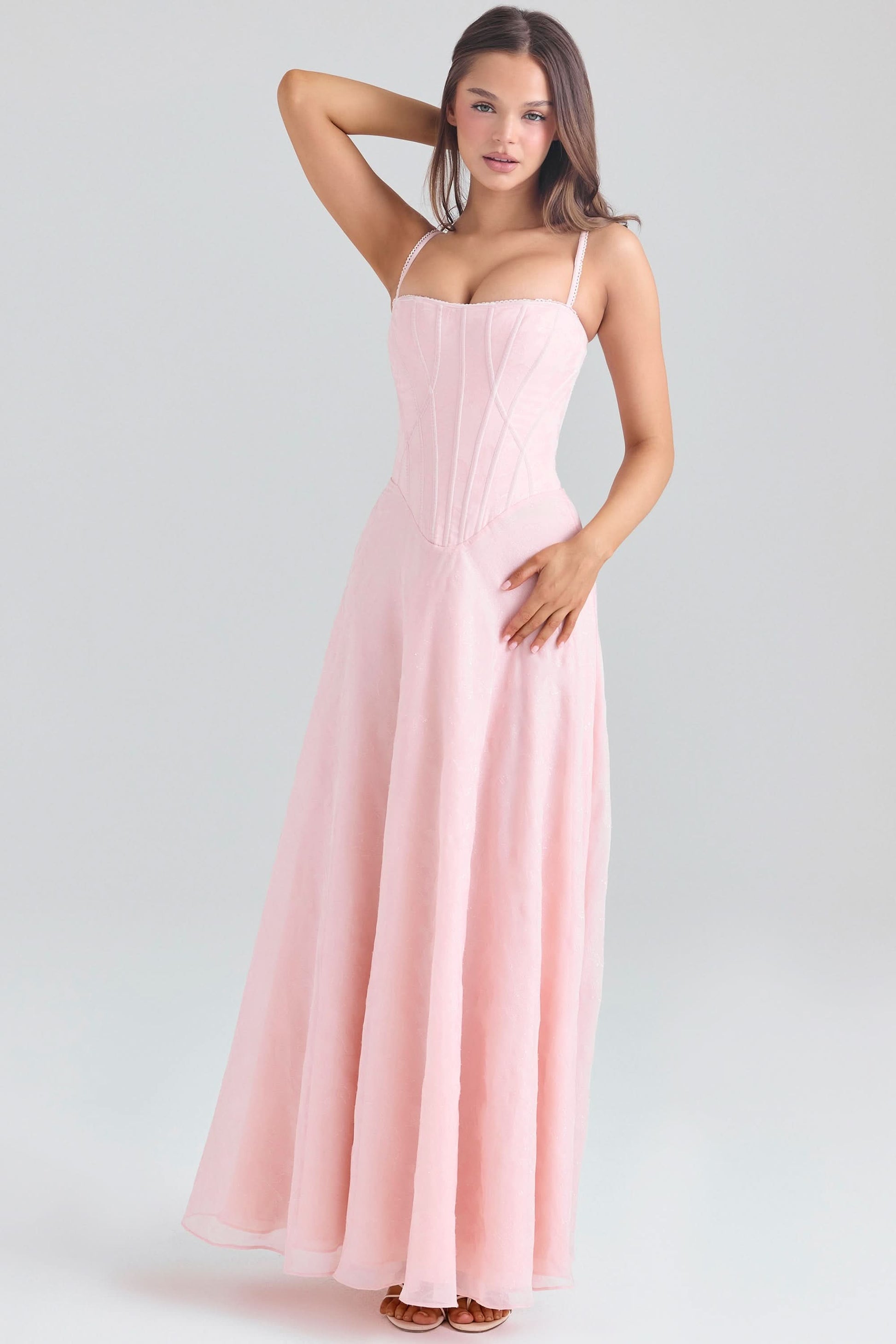 Light pink chiffon maxi dress with sweetheart neckline and straps