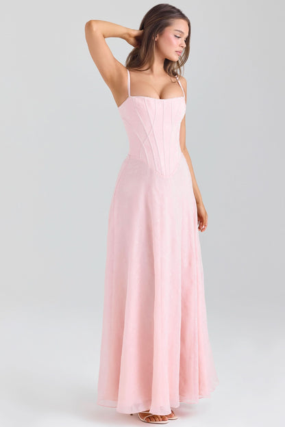 Blush pink chiffon maxi dress side view with corset bodice detail