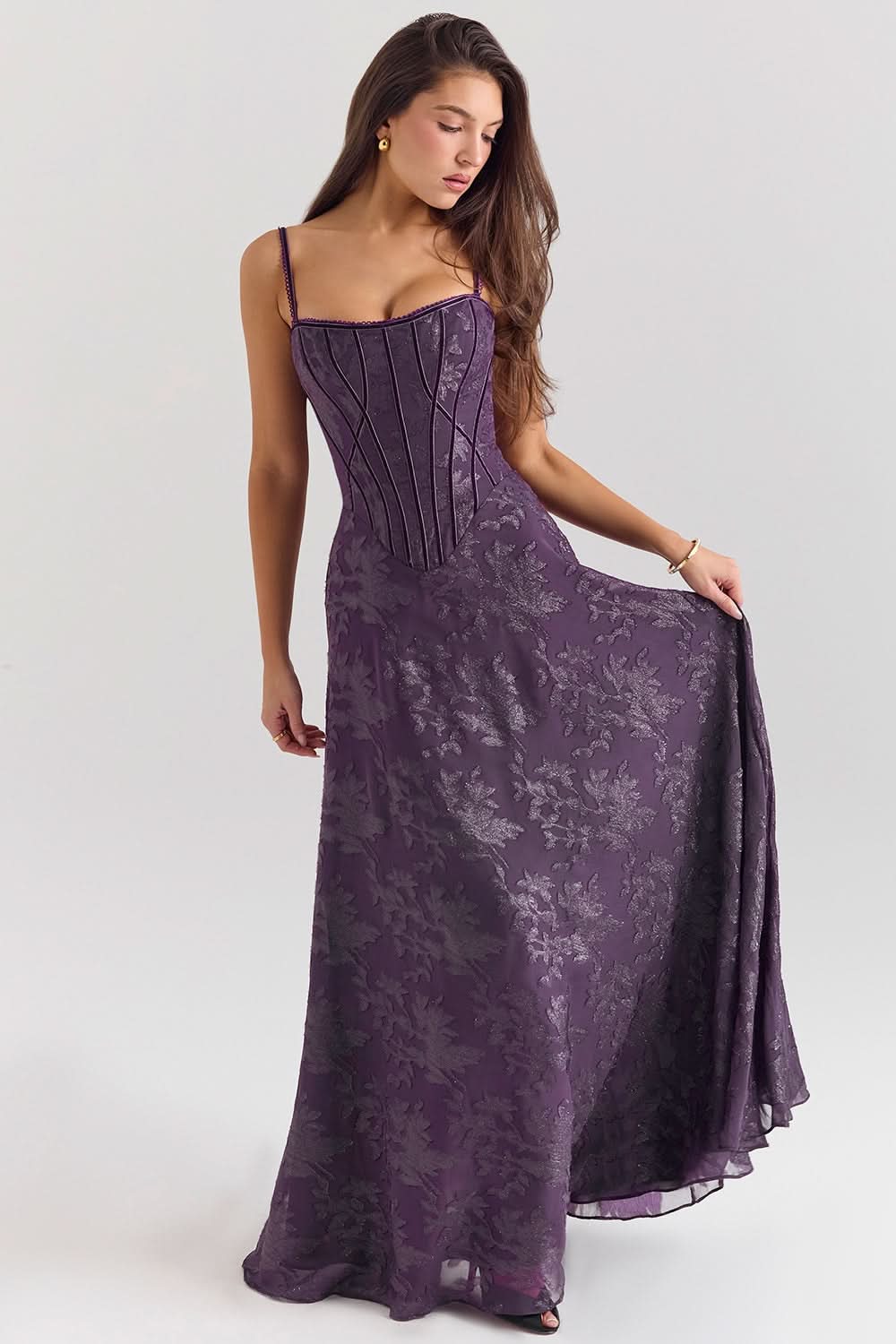 Purple floral chiffon maxi dress with fitted corset waist