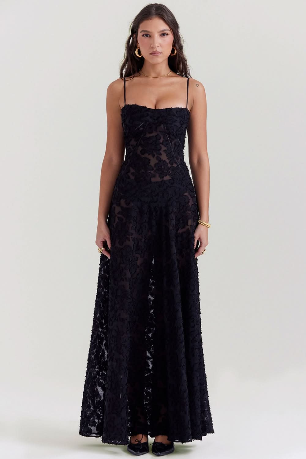 Black chiffon maxi dress with textured lace overlay and thin straps