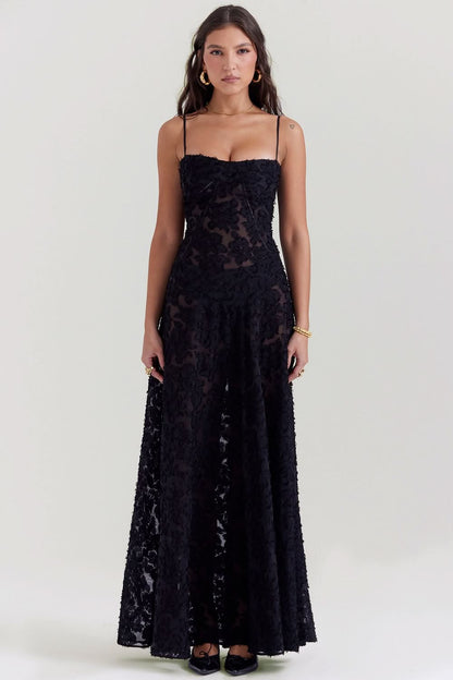 Black chiffon maxi dress with textured lace overlay and thin straps