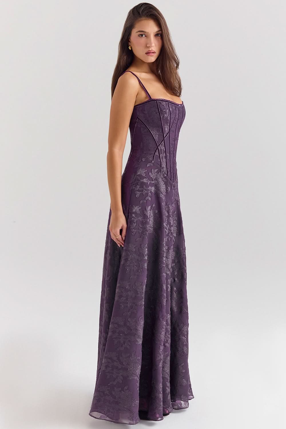 Side view of purple chiffon maxi dress with thin straps