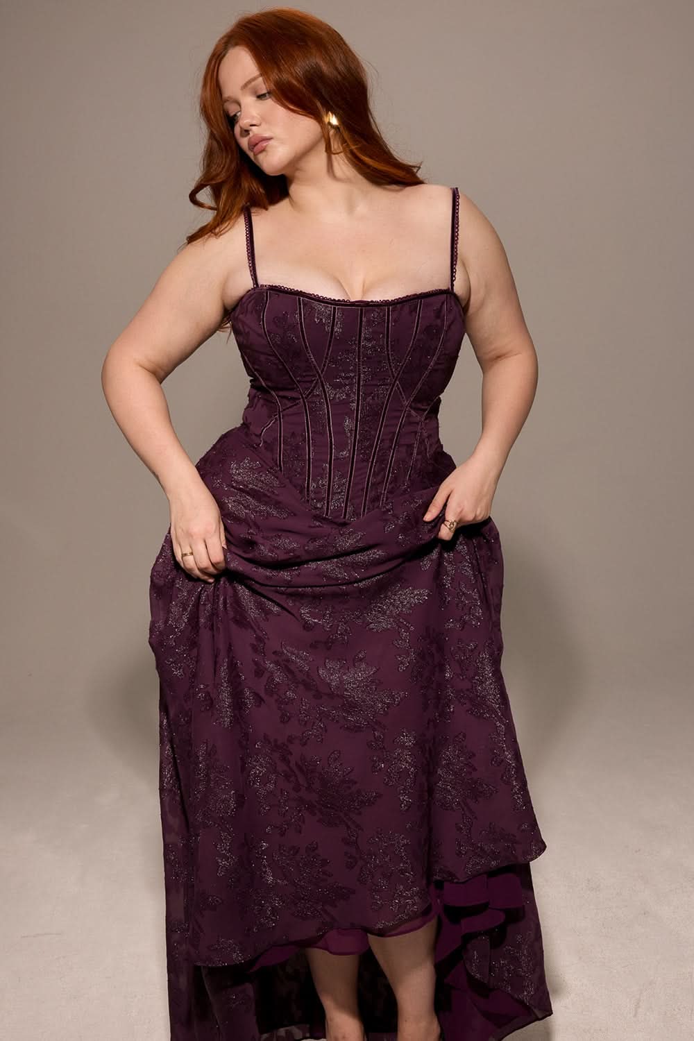 Plus size purple chiffon maxi dress with corset bodice