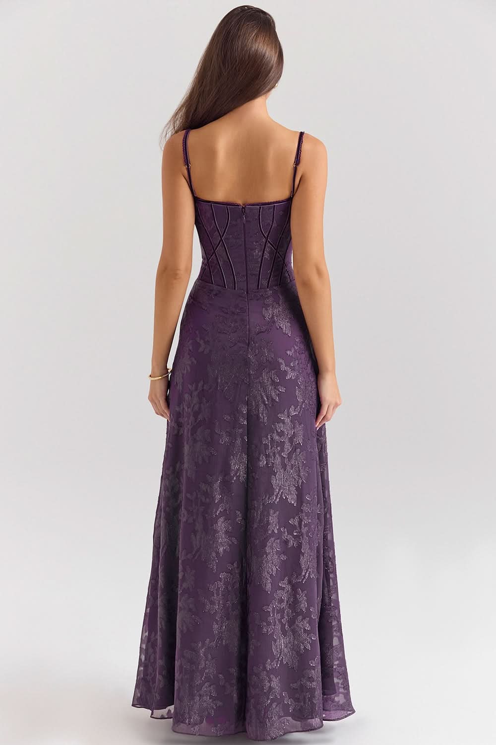 Rear view of purple maxi dress with spaghetti strap back