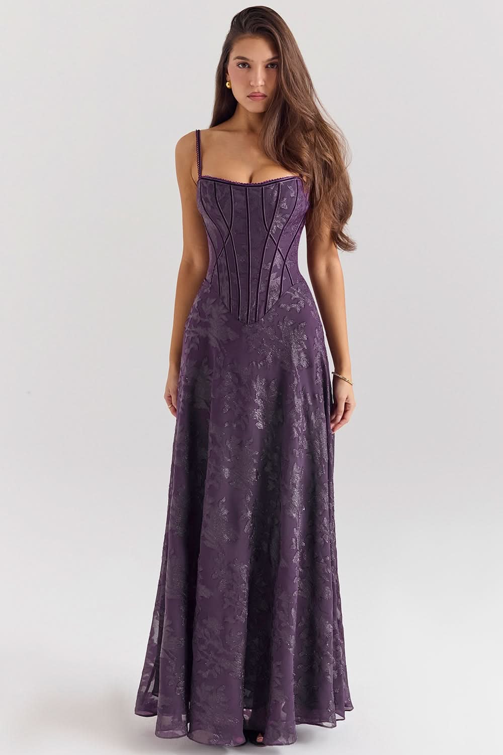 Purple chiffon maxi dress with corset bodice and spaghetti straps