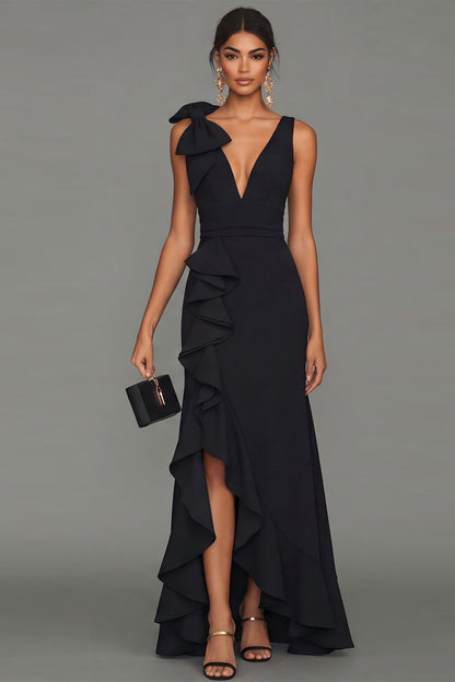 ESTRELLA | BOW RUFFLE MAXI DRESS - Black