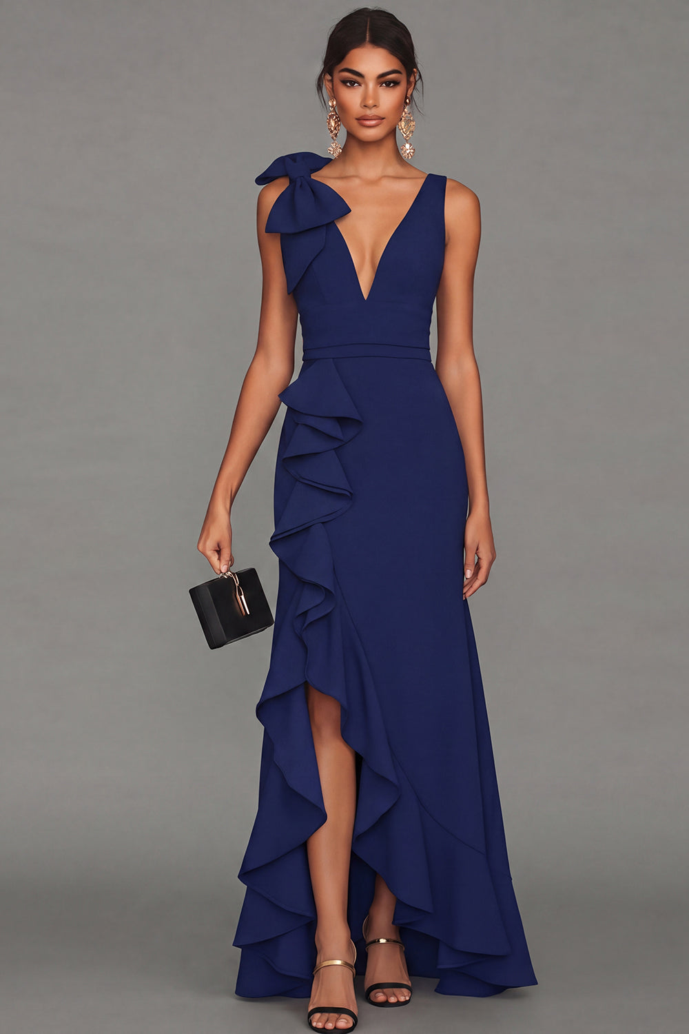 ESTRELLA | BOW RUFFLE MAXI DRESS - Dark Navy