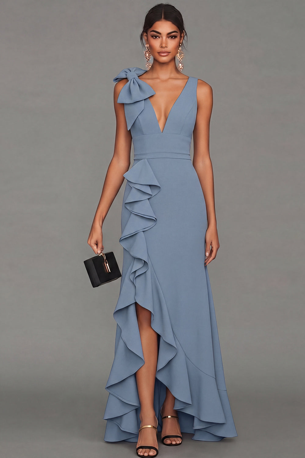 ESTRELLA | BOW RUFFLE MAXI DRESS - Dusty Blue