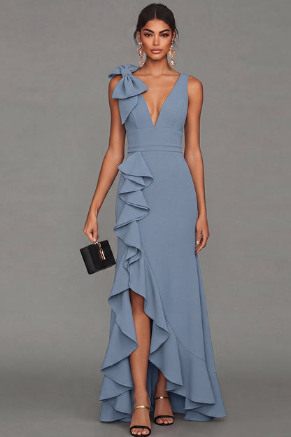ESTRELLA | BOW RUFFLE MAXI DRESS - Dusty Blue